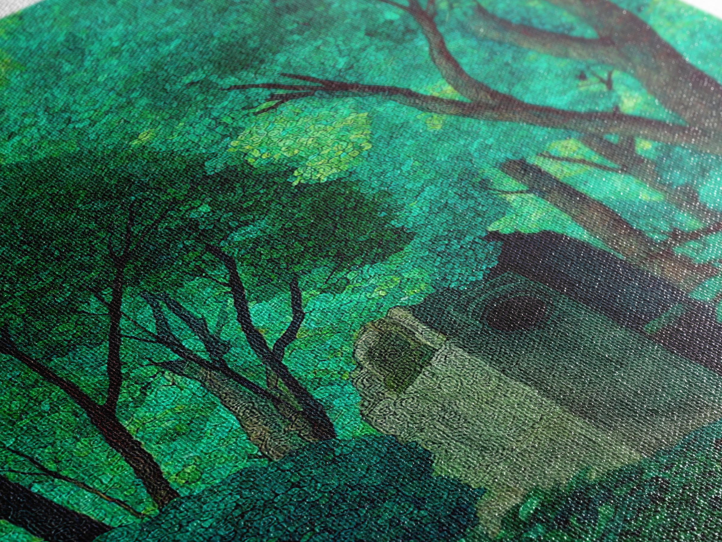 Emerald Forest Shrine With Ancient Stone Door Wall Art, Mystical Jungle Decor, Nature Scene Art, Teal Green Home Decor Gift