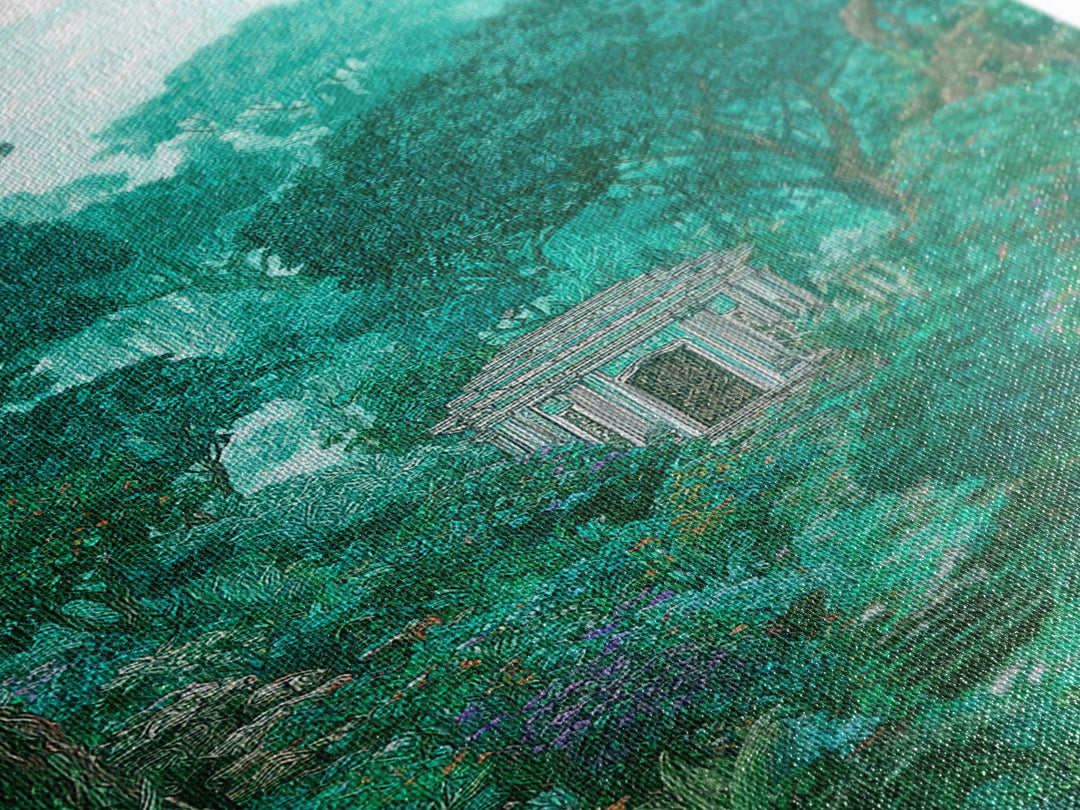 Hidden Garden Temple Path Canvas Print, Emerald Forest Landscape, Dreamy Nature Wall Decor, Botanical Living Room Art Gift