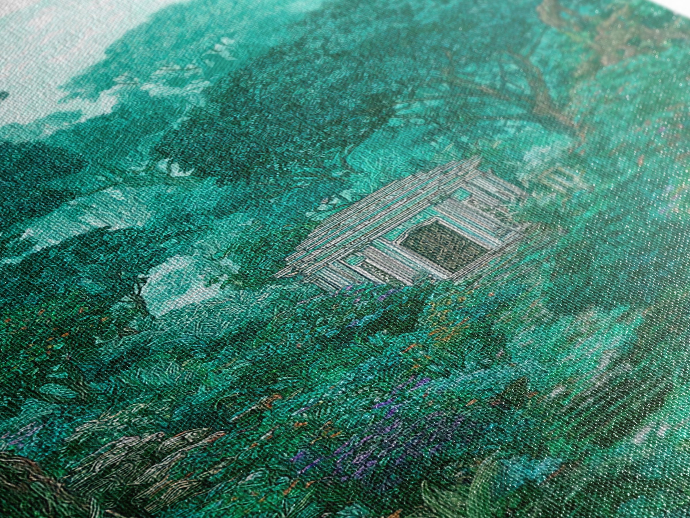 Hidden Garden Temple Path Canvas Print, Emerald Forest Landscape, Dreamy Nature Wall Decor, Botanical Living Room Art Gift