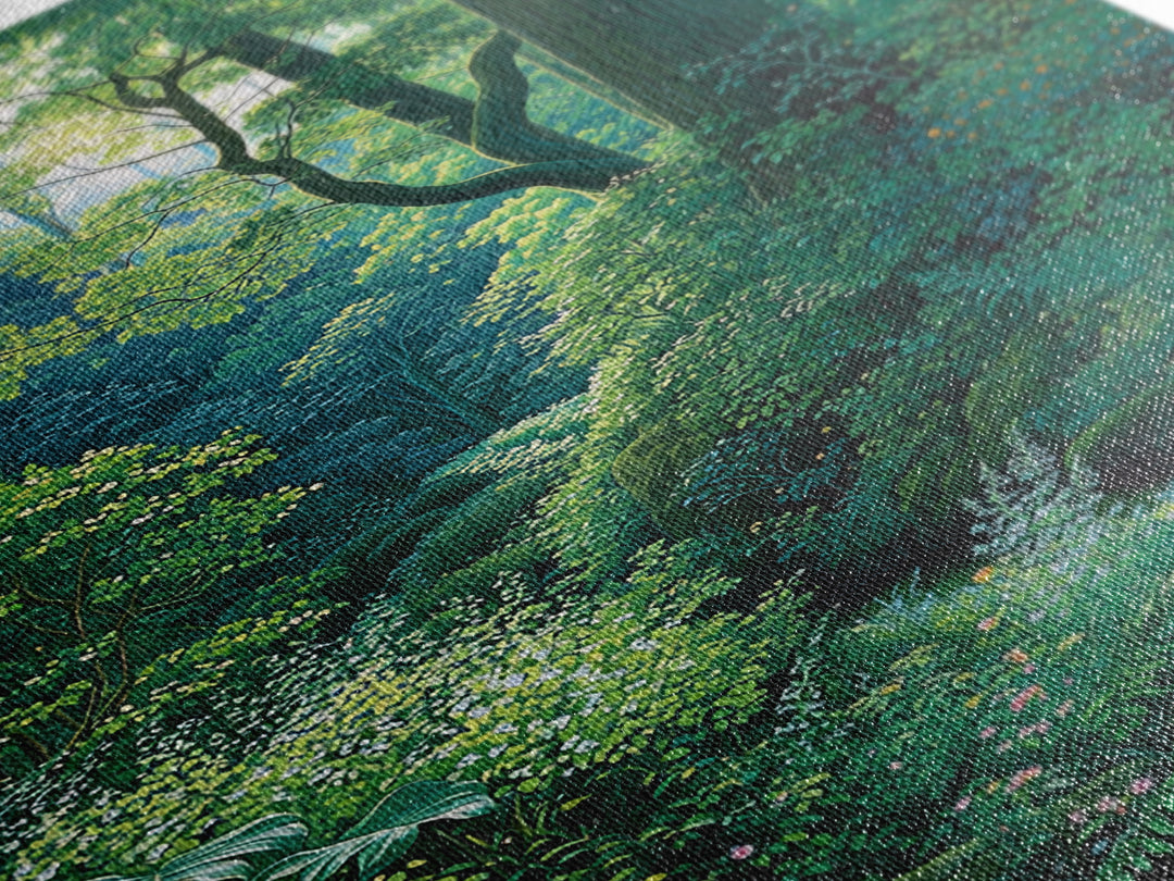 Sunlit Woodland Glade With Ferns Wall Art, Green Nature Scene Art, Dreamy Forest Decor, Botanical Bedroom Wall Decor Gift