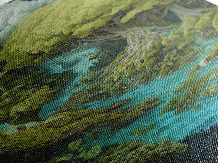 Ancient Banyan Over Turquoise River Painting Canvas Print, Fantasy Jungle Decor, Green Nature Wall Art, Unique Home Decor Gift