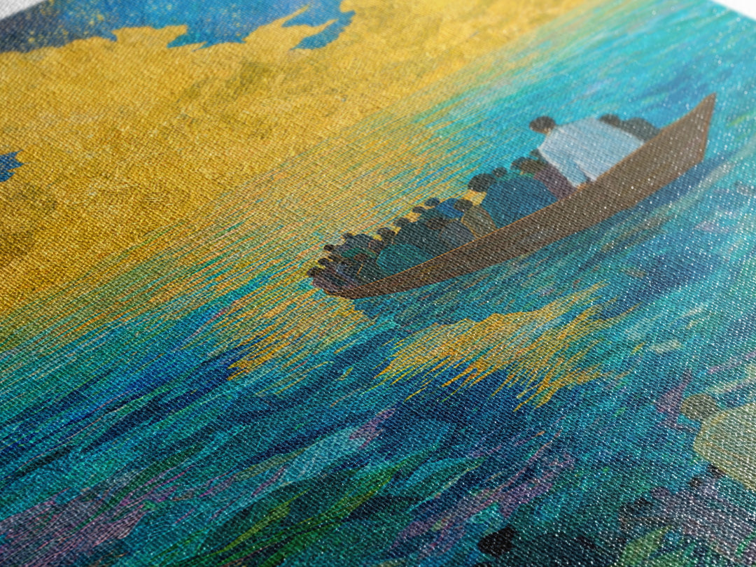 Boat Crossing Turquoise Water To Golden Clouds Wall Art, African Landscape Canvas Print, Spiritual Travel Decor Gift For Home