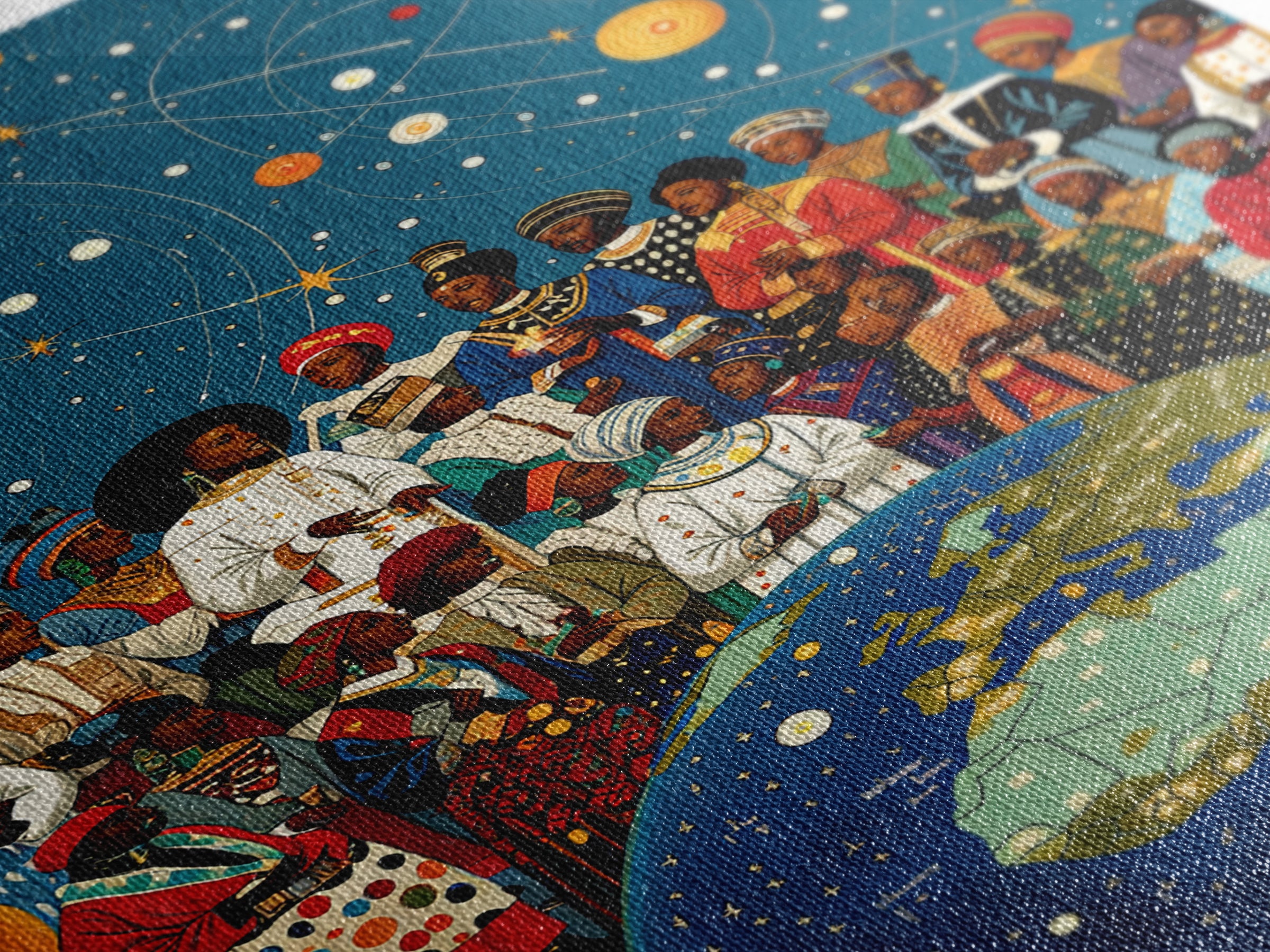 African Diaspora Under Celestial Orbits Wall Art, Afrocentric Canvas Print, Black Culture Artwork And Earth Map Decor Gift