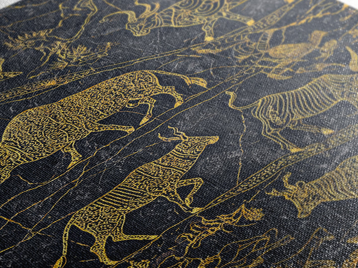 Gold Line Savanna Wildlife Migration Wall Art, African Animal Art, Tribal Antelope Canvas, Black Gold Safari Decor, Statement Gift
