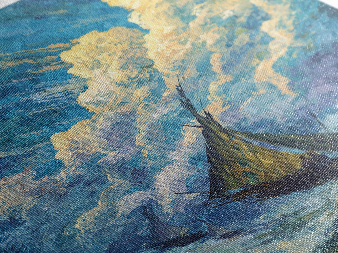 Stormy Sailboat Seascape Framed Canvas Print, Beach Art, Blue Ocean Wall Decor, Coastal Painting, Dramatic Living Room Art