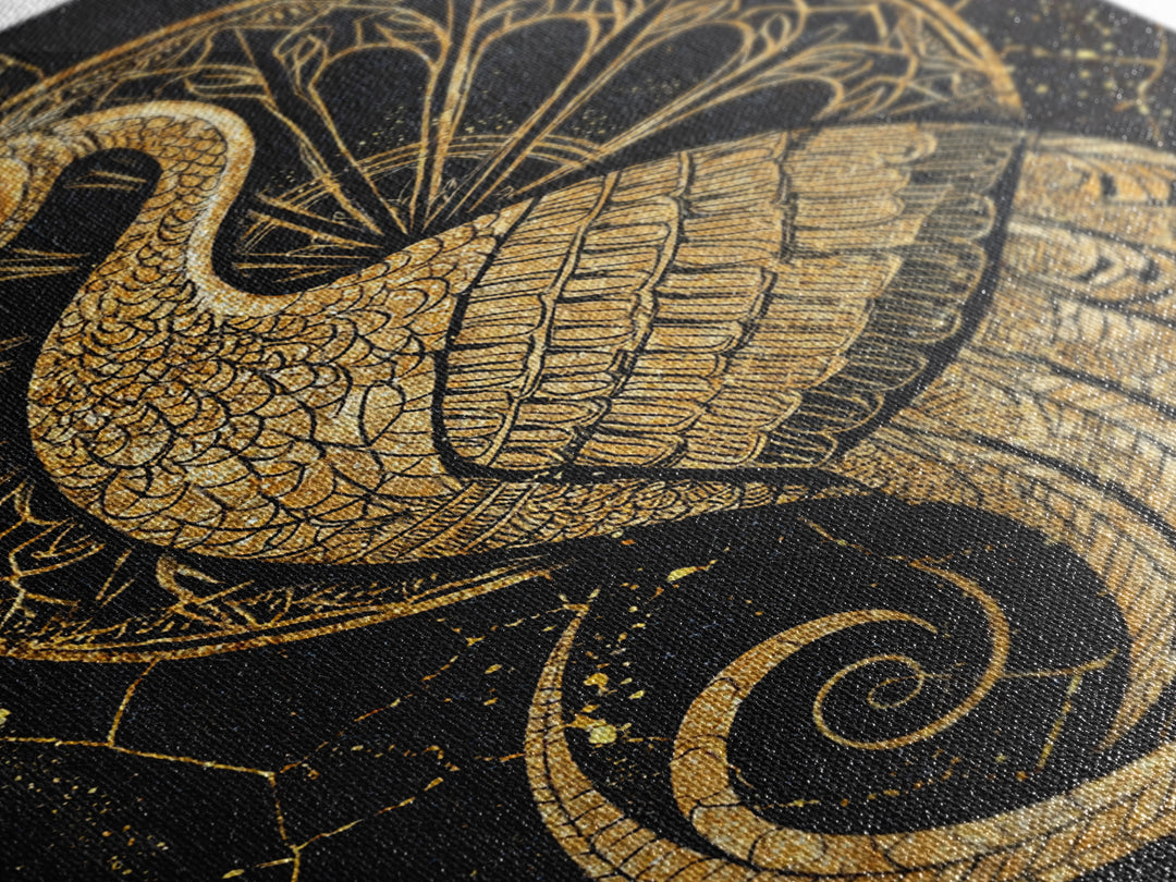 Ornate Golden Peacock Wall Art, Black And Gold Art, African Inspired Wall Decor, Mystical Animal Art, Luxury Canvas Print Gift