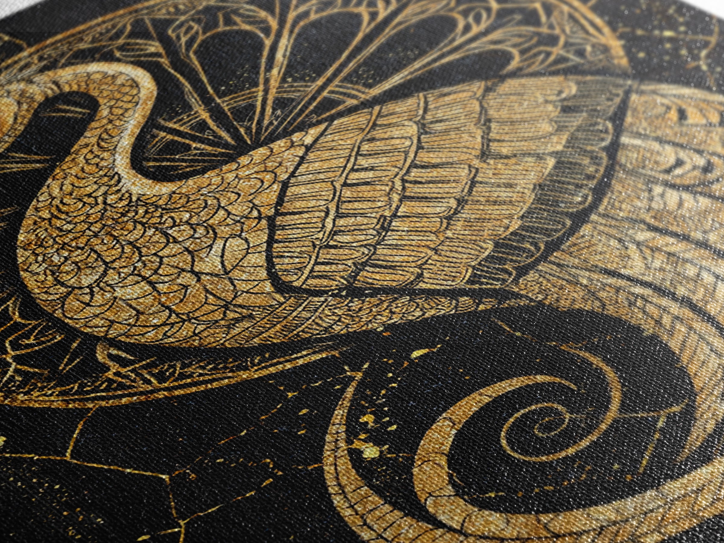Ornate Golden Peacock Wall Art, Black And Gold Art, African Inspired Wall Decor, Mystical Animal Art, Luxury Canvas Print Gift