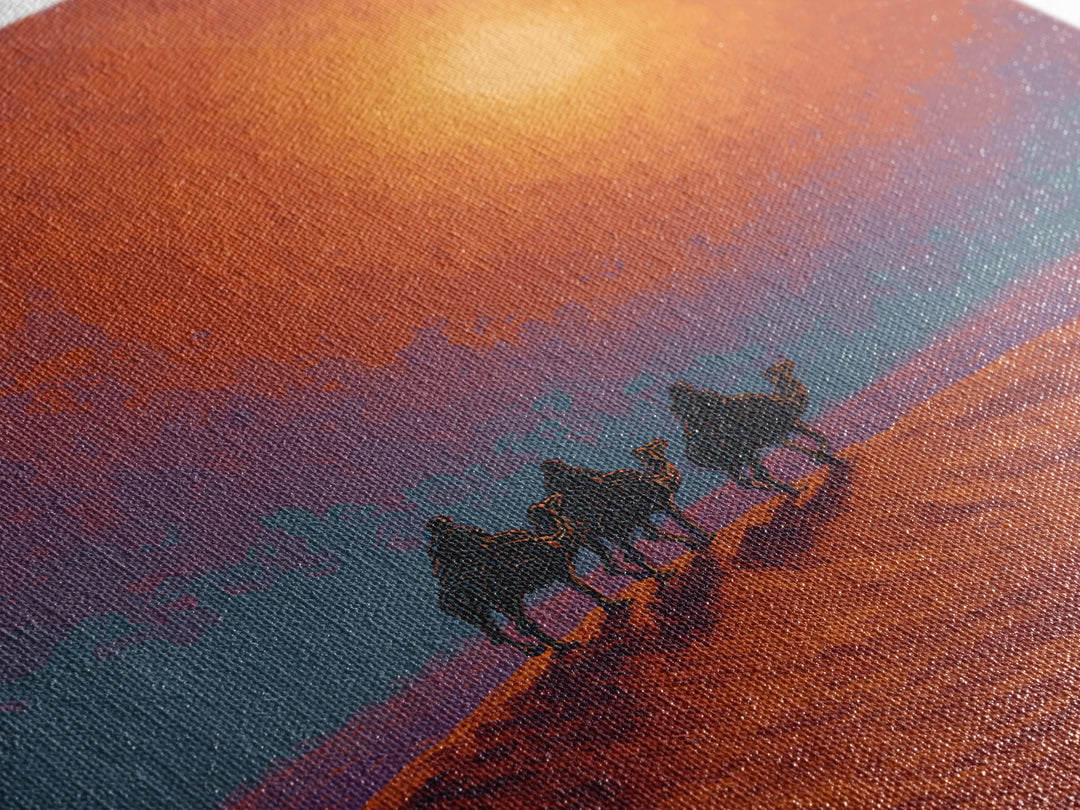 Camel Caravan Crossing Red Desert Dunes Wall Art, African Safari Art Print, Burnt Orange Art, Dreamy Landscape Decor, Gift