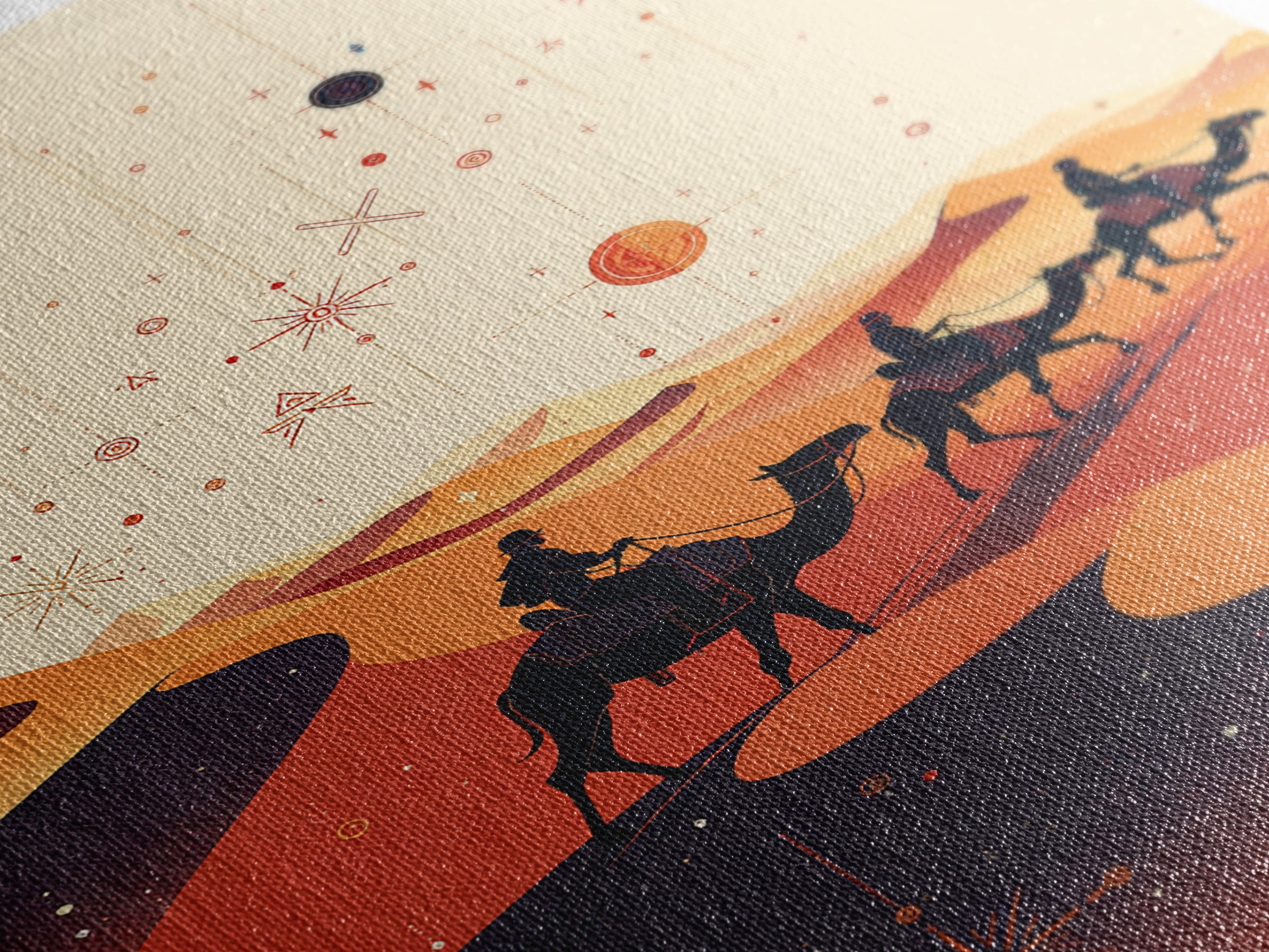 Desert Camel Caravan With Planets Canvas Print, African Travel Art, Boho Wall Decor, Orange Dunes, Celestial Safari Gift