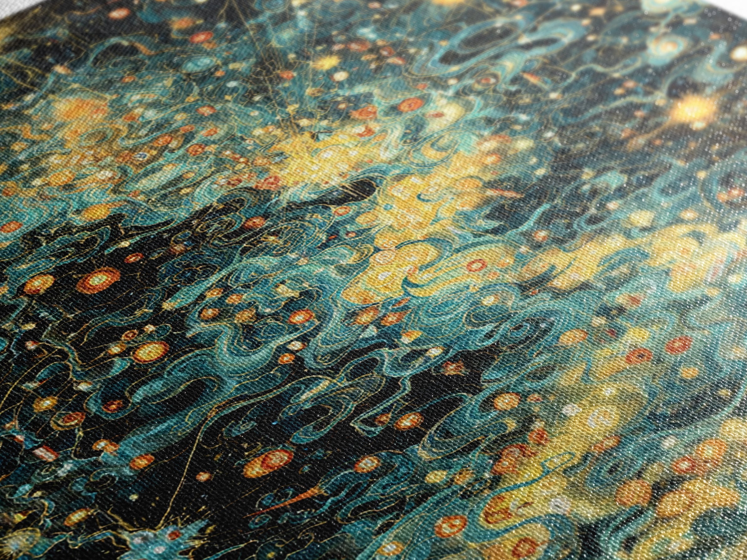 Glowing Celestial Swirls With Stars Canvas Print, Abstract Art, Teal And Gold Wall Decor, Dreamy Modern Home Decor, Gift For Her
