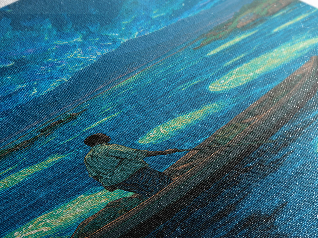 Starlit Fisherman On Glowing Blue Lake Canvas Print, African Landscape Wall Art, Dreamy Nature Scene, Unique Home Decor Gift