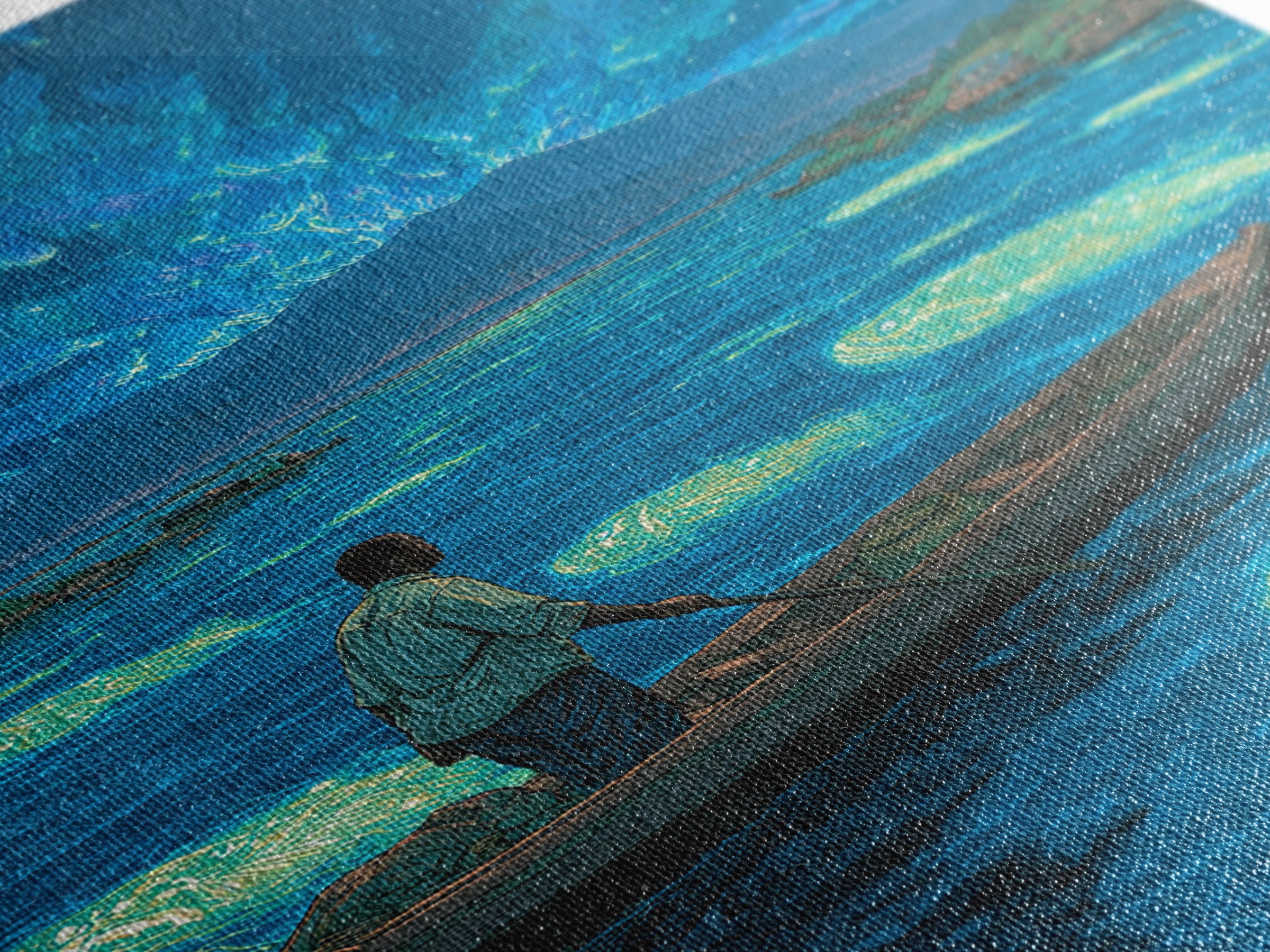 Starlit Fisherman On Glowing Blue Lake Canvas Print, African Landscape Wall Art, Dreamy Nature Scene, Unique Home Decor Gift