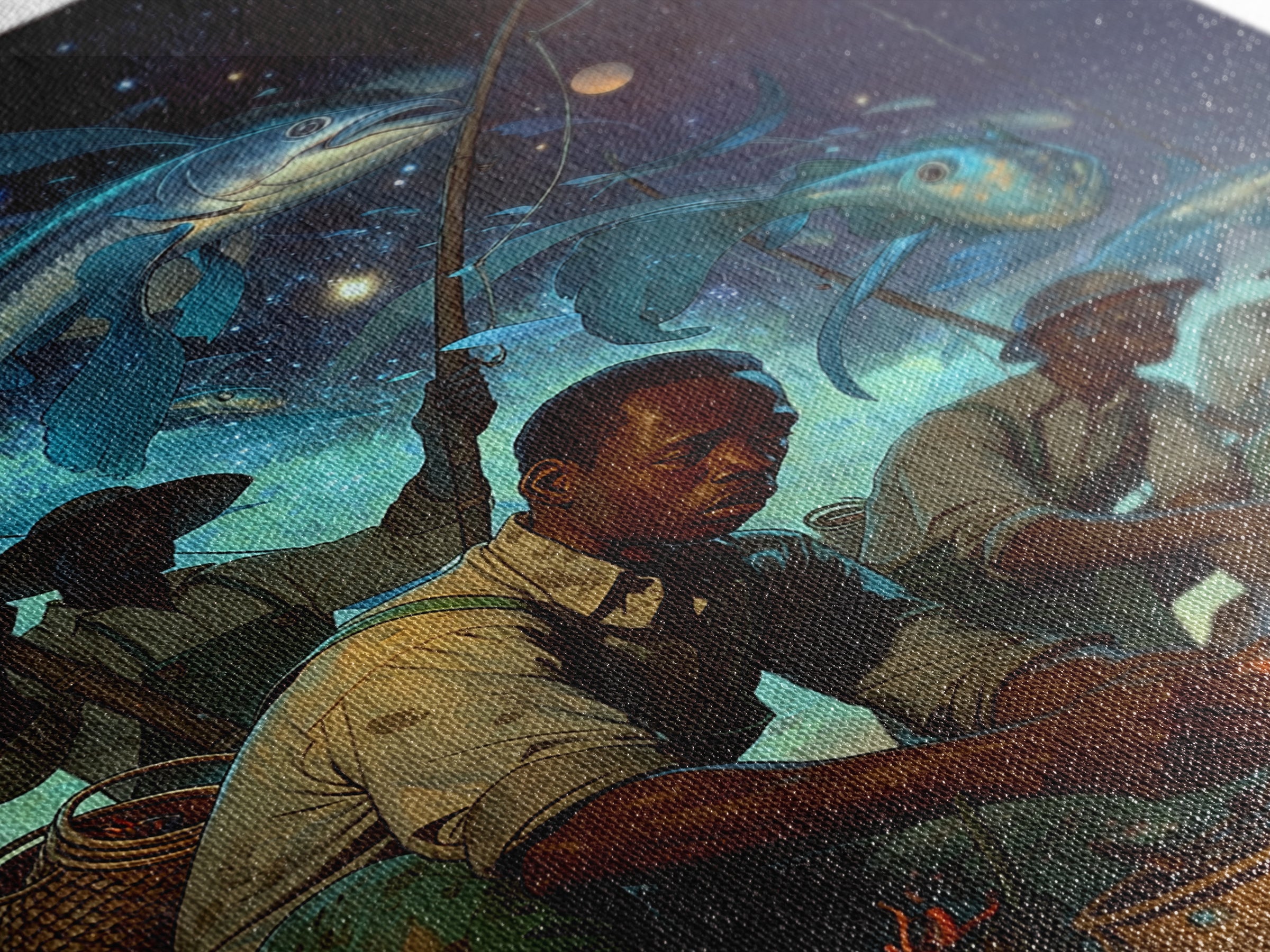 Cosmic Fishermen Under Giant Flying Fish Wall Art, African Safari Art Print, Black Men Portrait, Fantasy Coastal Decor Gift