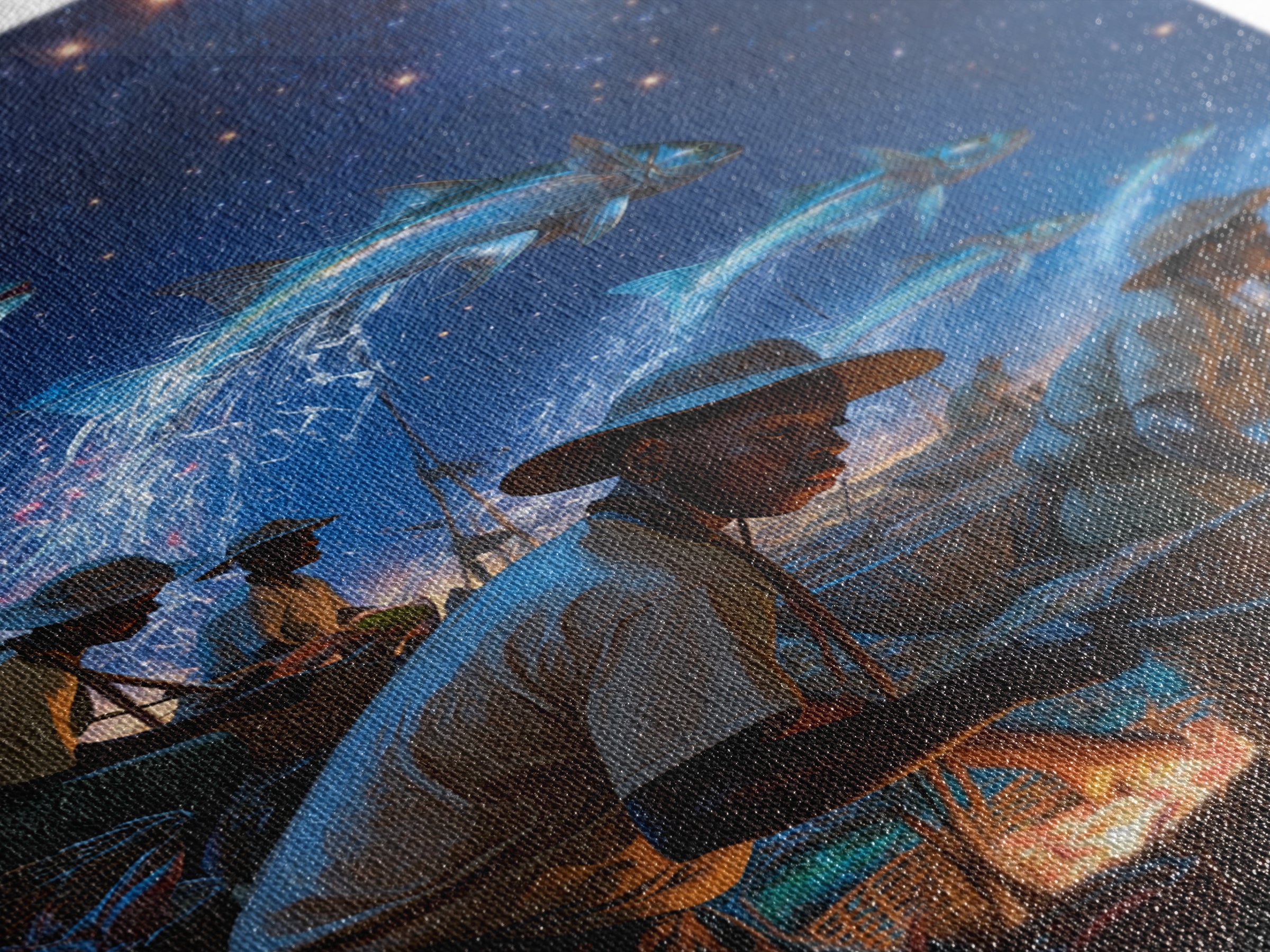 Starry Night Fishermen With Baskets Canvas Print, African Wall Art, Black Men Coastal Scene, Magical Fish Ocean Decor Gift