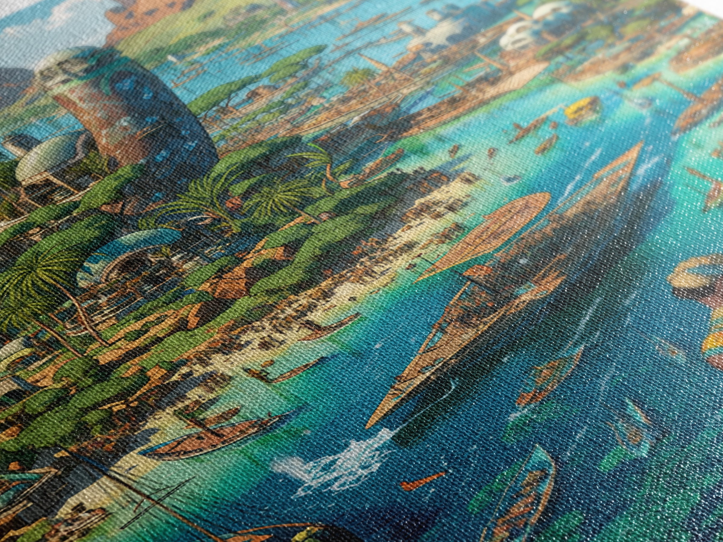 Afrofuturist Coastal African City With Boats Wall Art, African Art Prints, Afrocentric Decor, Vibrant Travel Poster, Living Room Decor