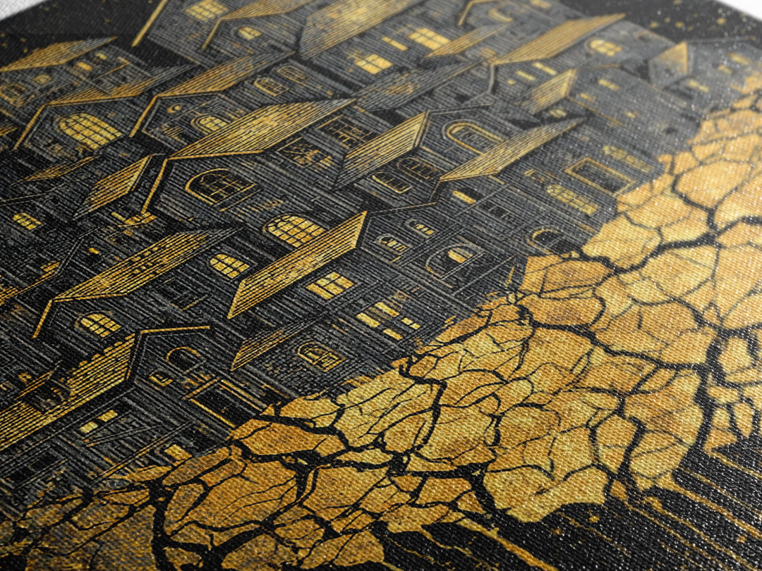 Golden Village On Africa Wall Art, Black Night Houses Canvas Print, Afrocentric Landscape Decor, Unique Motherland Artwork