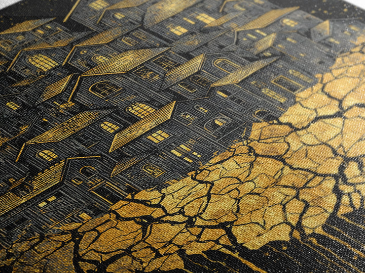 Golden Village On Africa Wall Art, Black Night Houses Canvas Print, Afrocentric Landscape Decor, Unique Motherland Artwork