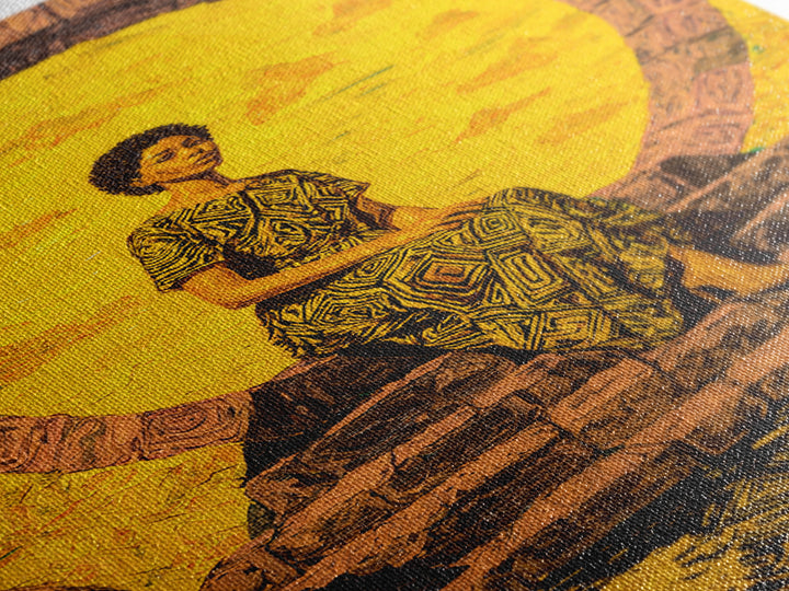 Golden African Woman By Sacred Stone Arch Canvas Print, Afrocentric Wall Decor, Black Queen Portrait, Ankara Home Decor Gift