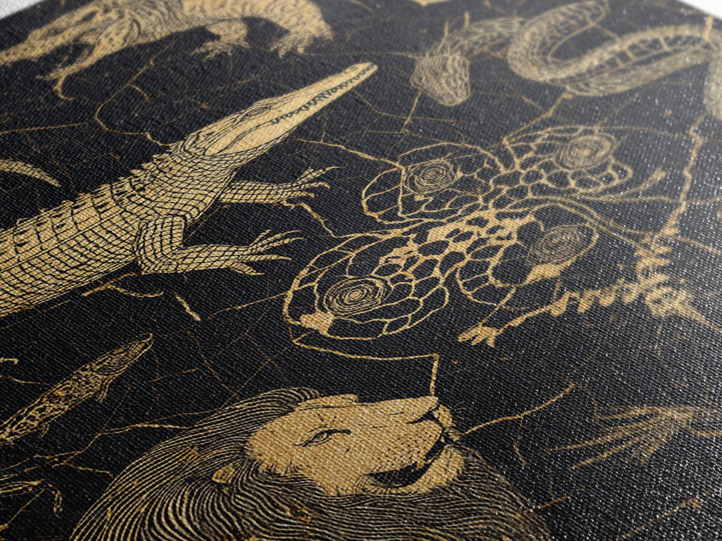 Gold Engraved Safari Animals Wall Art, African Animal Art, Tribal Wildlife Decor, Lion Crocodile Snake Canvas Print Style