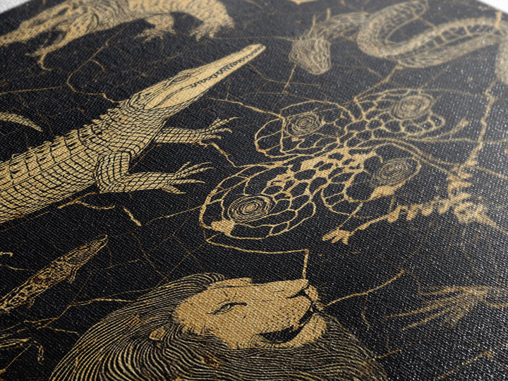 Gold Engraved Safari Animals Wall Art, African Animal Art, Tribal Wildlife Decor, Lion Crocodile Snake Canvas Print Style