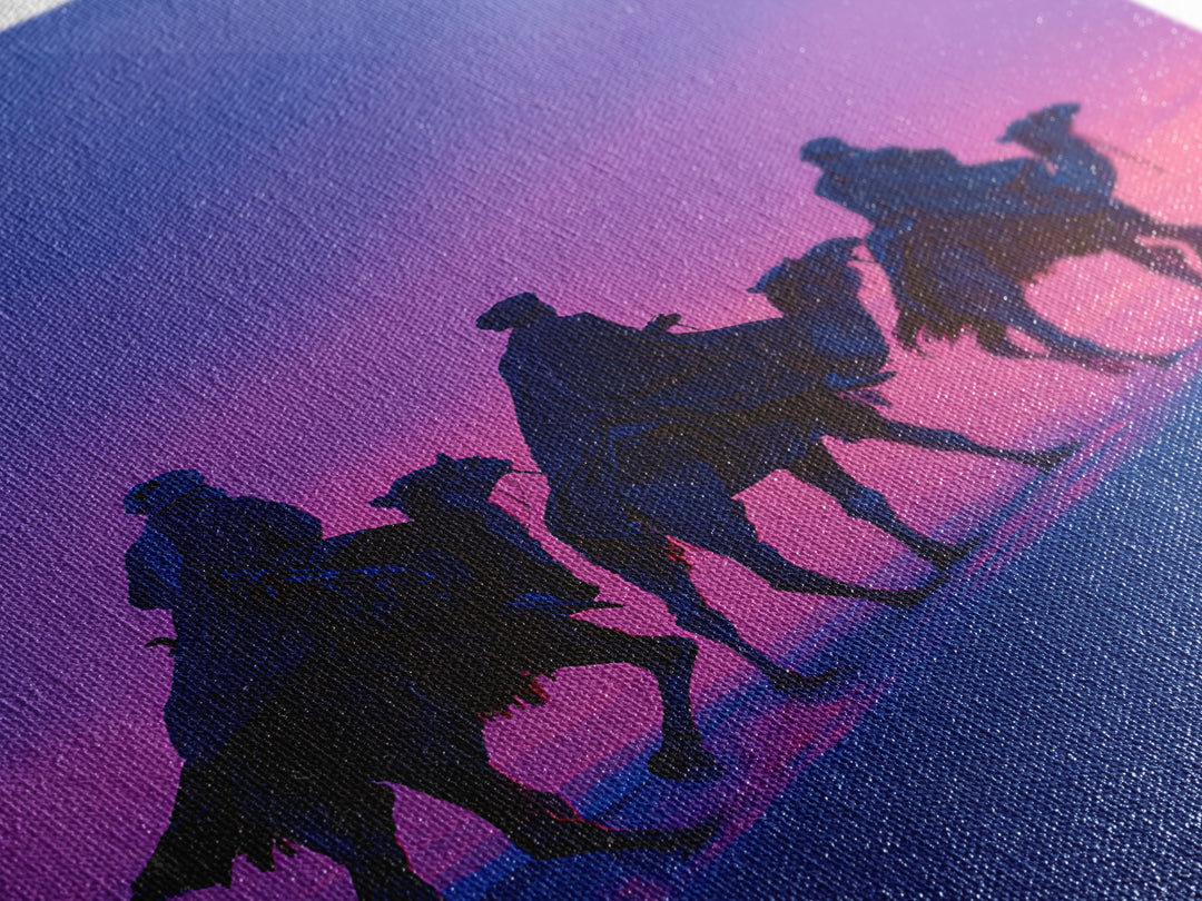 Purple Sunset Camel Riders Canvas Print, African Safari Wall Art, Boho Desert Landscape Decor, Dreamy Bedroom Gift For Her