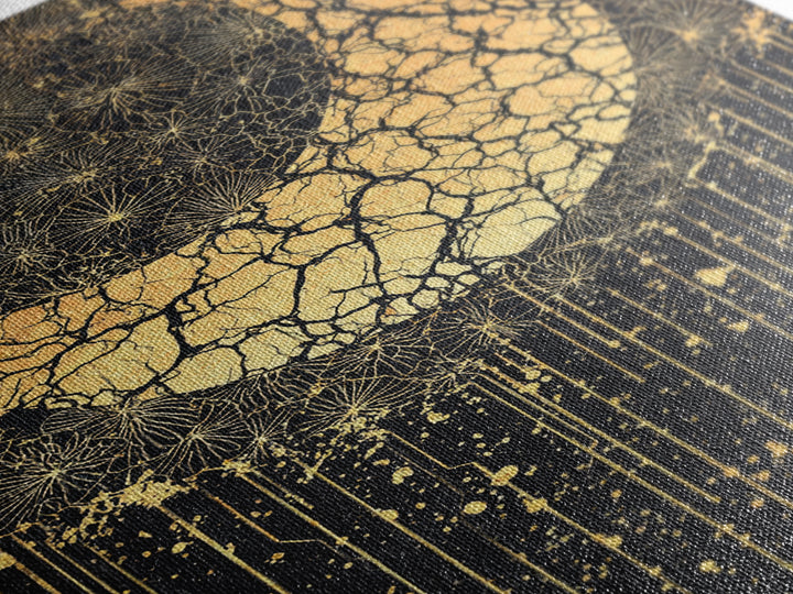 Cracked Gold Crescent Horn Abstract Wall Art, African Inspired Pattern Decor, Black And Gold Canvas Print For Boho Home Decor