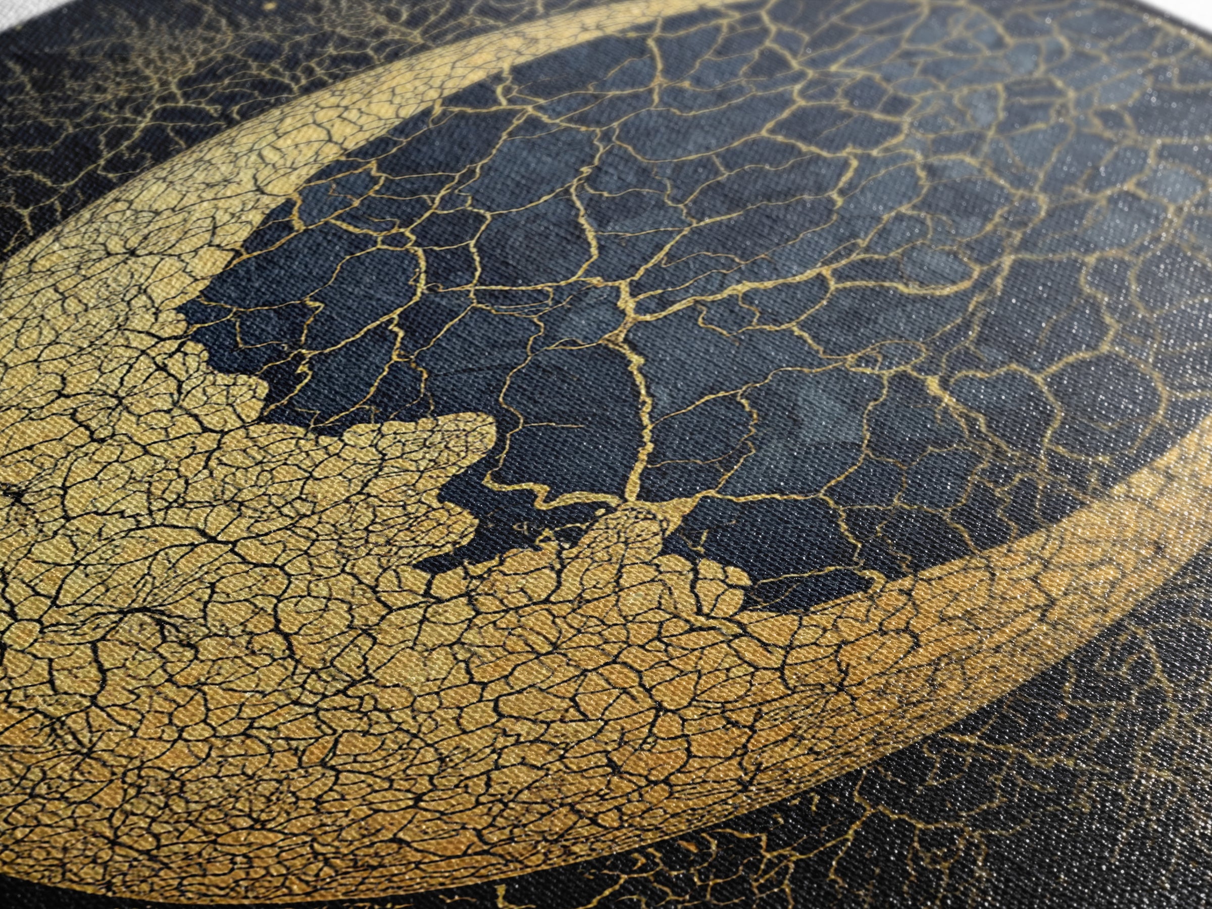 Cracked Gold Crescent Moon Wall Art, Mystical African Inspired Celestial Canvas Print, Black And Gold Spiritual Home Decor