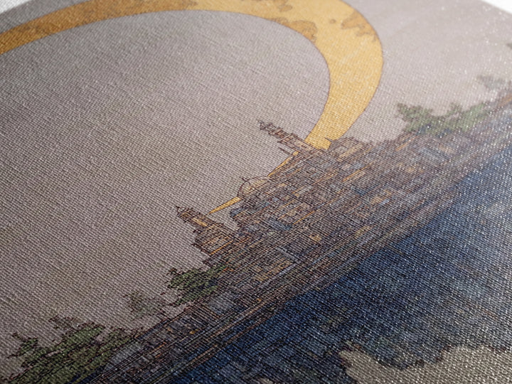 Golden Crescent Moon Over Floating City Wall Art, Dreamy Urban Landscape Canvas Print, Mystical Blue Beige Home Decor For Living Room