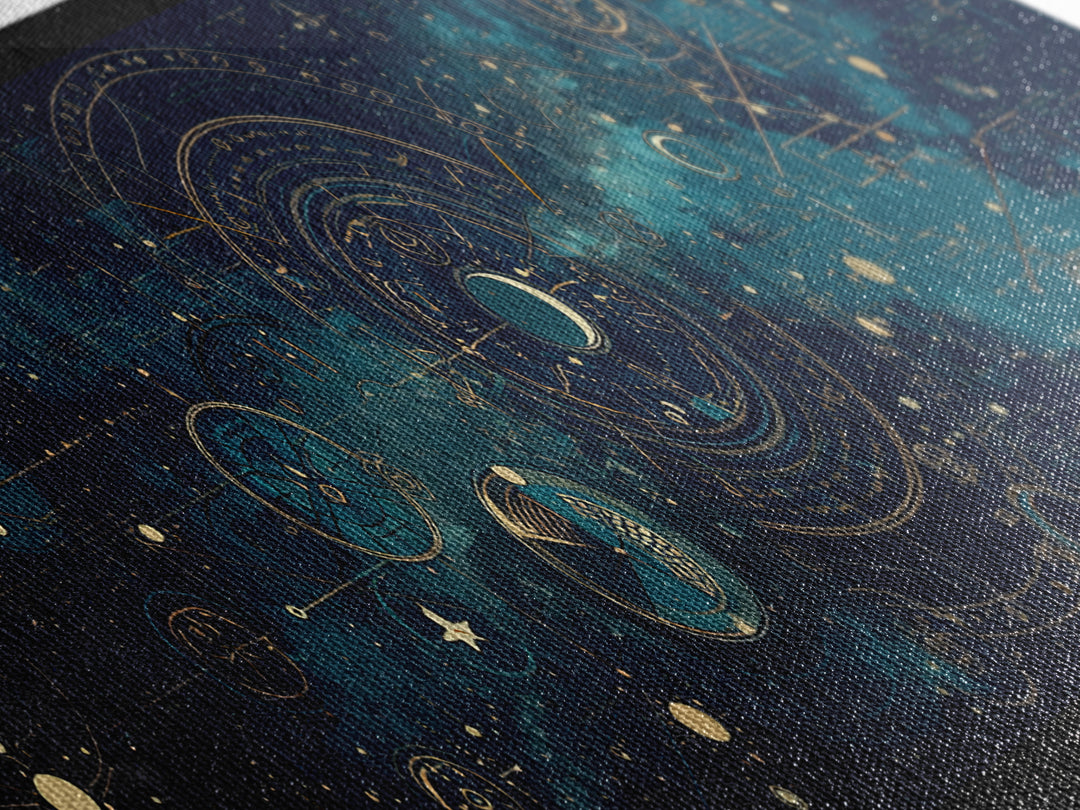 Teal Galactic Blueprint Astrolabe Framed Canvas Print, Geometric Wall Art, Modern Canvas Art, Celestial Office Decor, Unique Home Decor