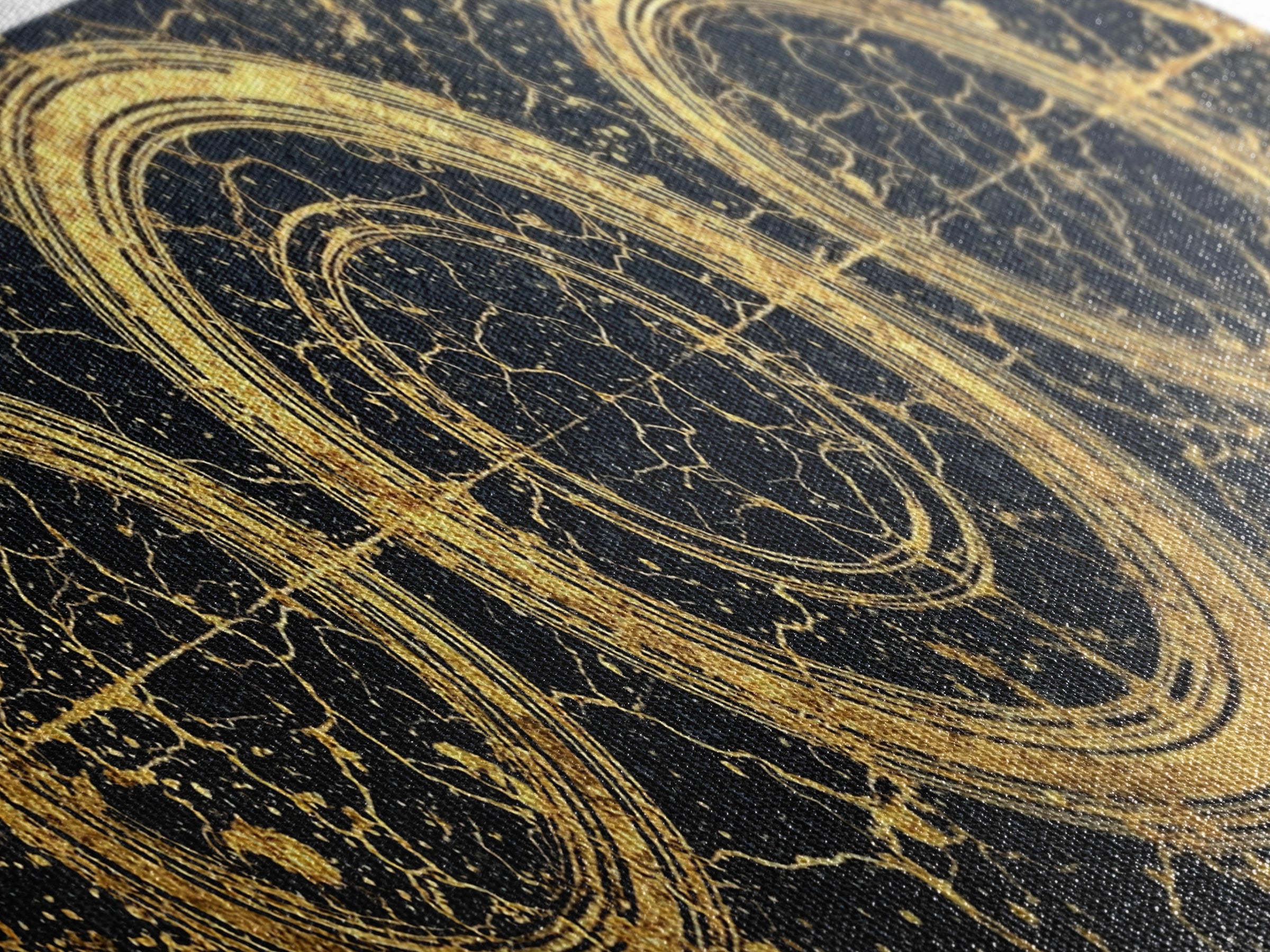 Gold Concentric Circles On Black Cracked Stone Wall Art, Geometric Canvas Print, Modern Luxury Decor, Abstract Pattern Art