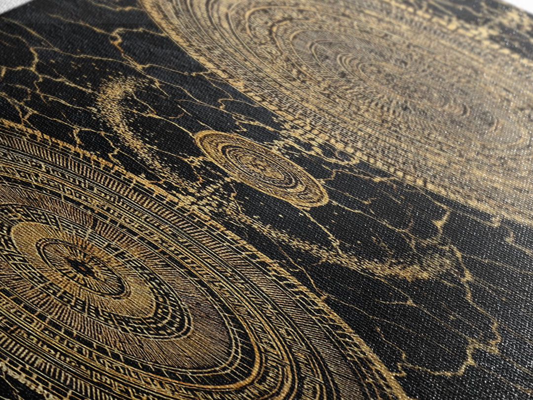 Gold Celestial Mandala Circles On Black Stone Wall Art, Abstract Wall Art, Luxury Canvas Print, Modern Home Decor, Statement Wall Decor