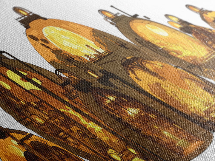 Golden Futuristic Pod Homes Canvas Print, Afrofuturism Decor, African Inspired Architecture Wall Art, Unique Home Decor Gift