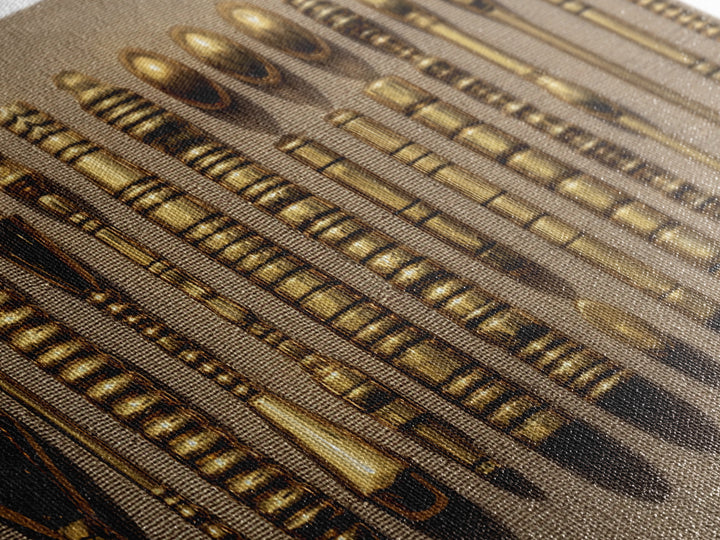 Antique Brass Tribal Objects Wall Art, African Decor, Cultural Art Print, Gold Textile Canvas Print For Eclectic Home Decor