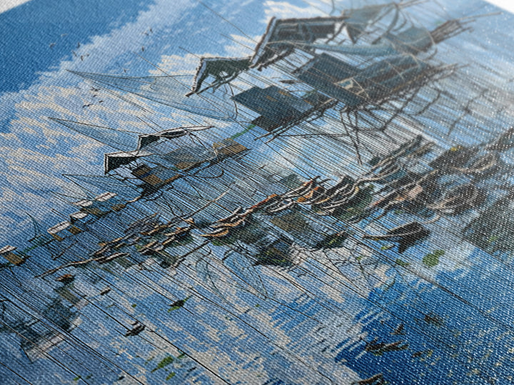 Blue Stilt Fishing Village Panorama Wall Art, Coastal Canvas Print, Bright Seascape Decor, Large Nautical Living Room Art
