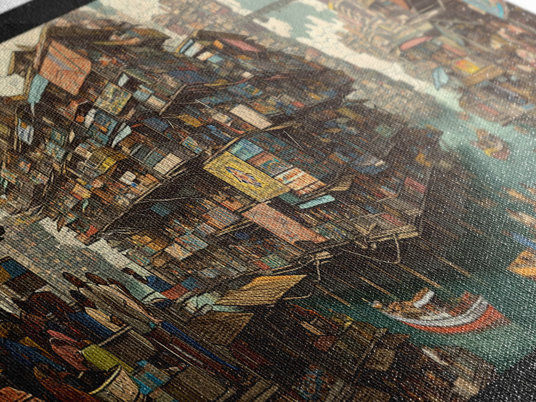 Vibrant Floating African Canal City Wall Art, Afrocentric Market Boats, Cultural Waterfront Decor, Panoramic Canvas Print