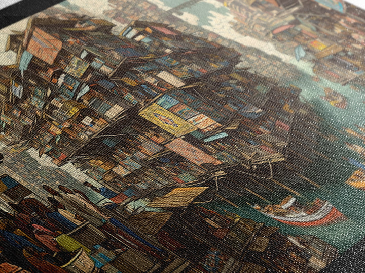 Vibrant Floating African Canal City Wall Art, Afrocentric Market Boats, Cultural Waterfront Decor, Panoramic Canvas Print
