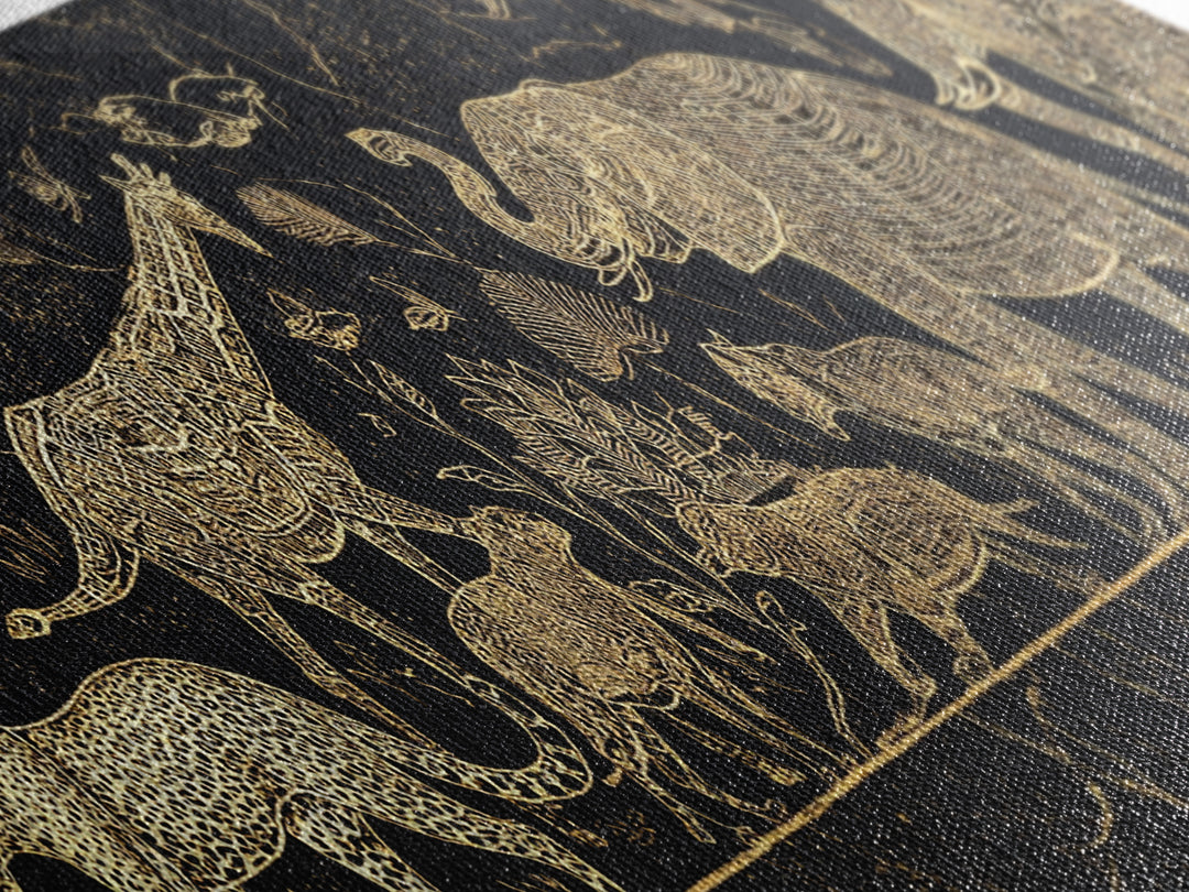 Gold Safari Animals On Black Wall Art, African Elephant, African Giraffes, Jungle African, Luxury Canvas Art, Safari Decor