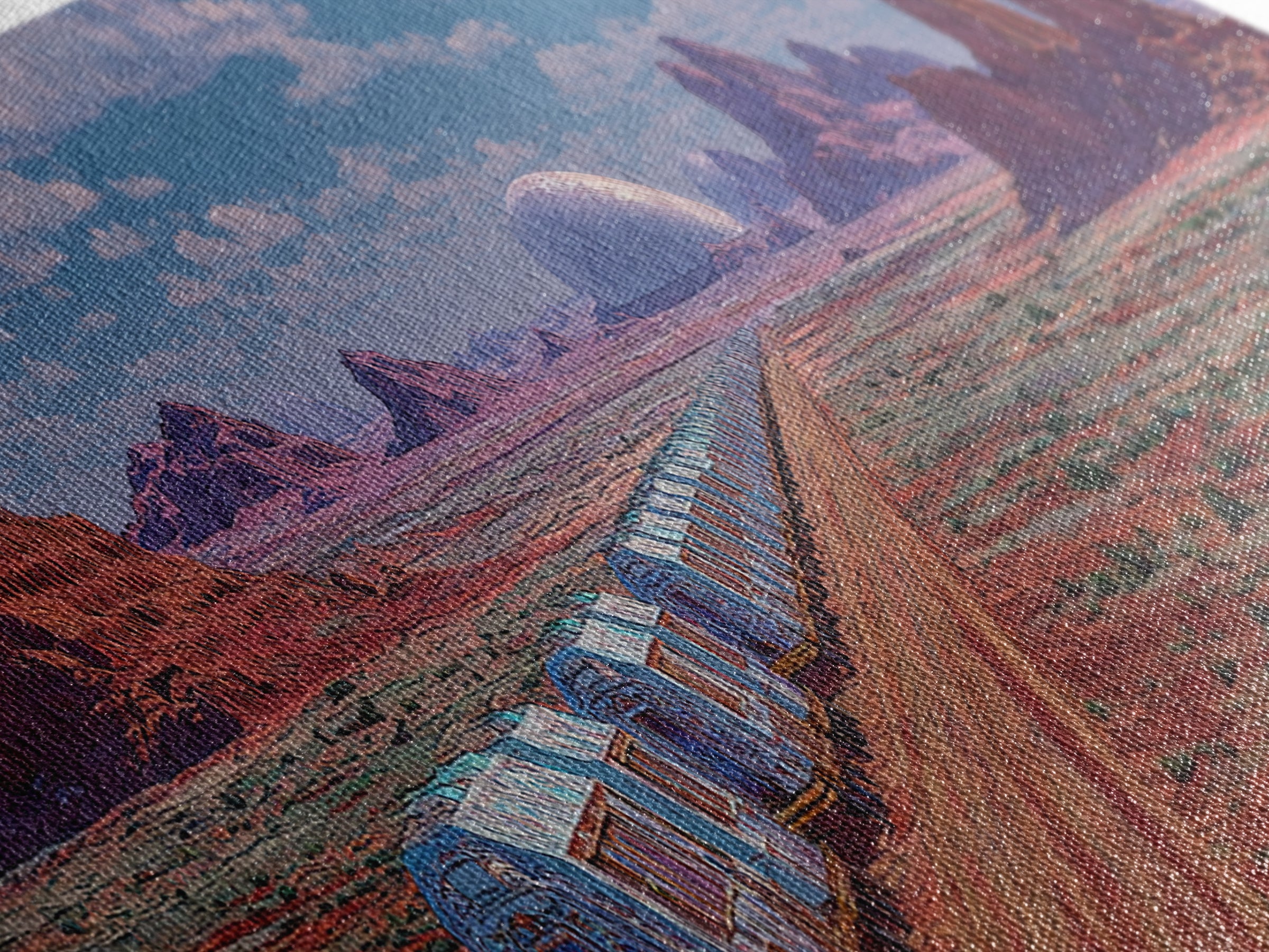 Futuristic Desert Train Crossing Red Plains Canvas Print, African Landscape Wall Art, Modern Canvas Art, Large Home Decor