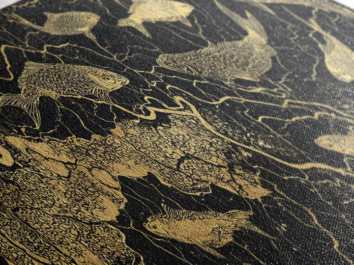 Gold Koi Fish And Cracked Map Wall Art, Black And Gold Canvas Print, African Inspired Decor, Luxury Statement Home Art Gift