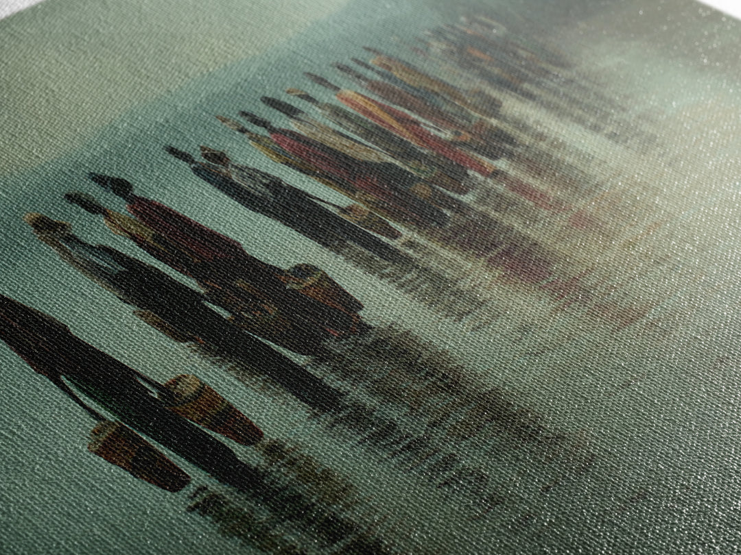Misty African Fishermen Procession Wall Art, Panoramic Lake Landscape, Cultural African Decor, Serene Safari Home Decor Gift