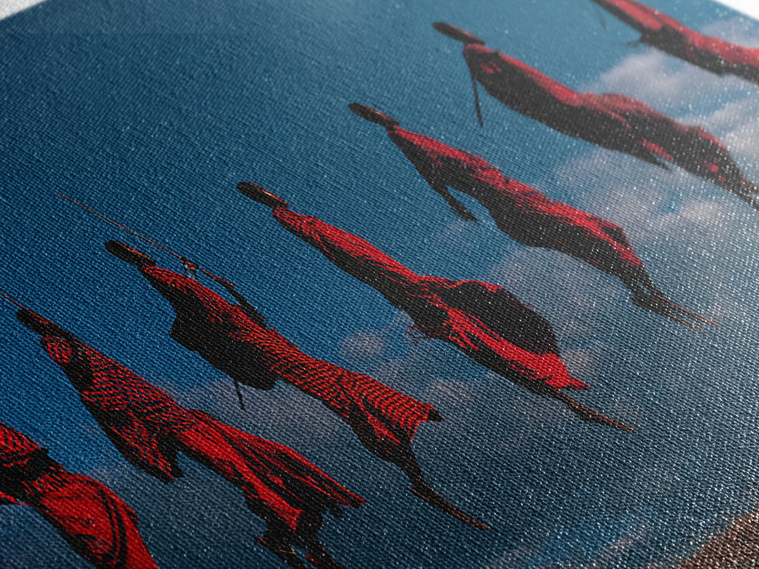 Red Maasai Warriors Leaping With Spears Wall Art, Panoramic African Tribal Art, Safari Decor, Bold Cultural Home Decor Gift