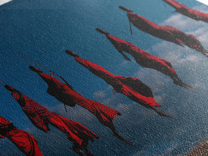 Red Maasai Warriors Leaping With Spears Wall Art, Panoramic African Tribal Art, Safari Decor, Bold Cultural Home Decor Gift