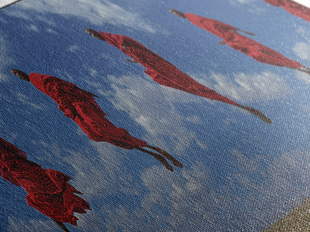 Airborne Maasai Dancers Under Clouds Canvas Print, African Wall Art, Red Tribal Safari Decor, Cultural Statement Gift For Home