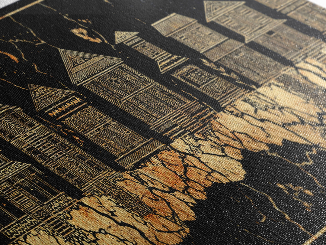 Gold African Village Wall Art, Black Crackle Line Houses, Tribal Architecture Print, Luxury Afrocentric Statement Decor Gift