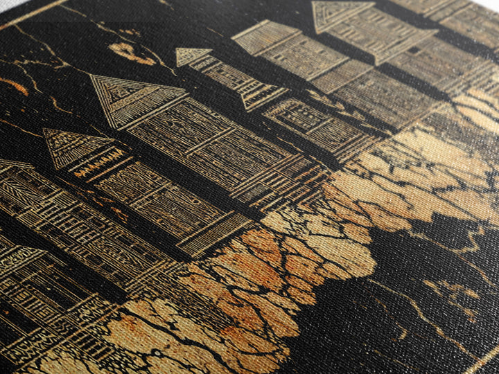 Gold African Village Wall Art, Black Crackle Line Houses, Tribal Architecture Print, Luxury Afrocentric Statement Decor Gift