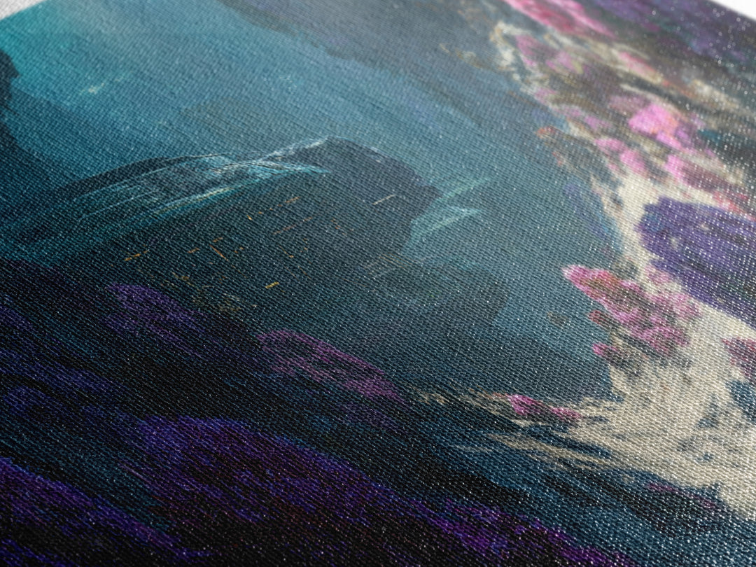Sunlit Alien Cave Landscape Wall Art, Dreamy Floral Digital Art, Sci Fi Nature Scene, Unique Canvas Print For Modern Decor