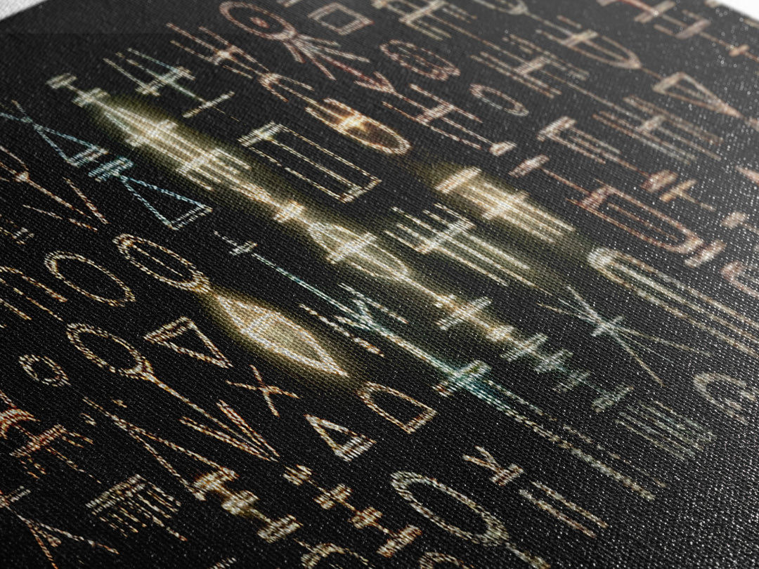 Illuminated African Tribal Icons Wall Art, Gold And Teal Symbol Pattern, Afrocentric Decor, Modern Cultural Art Print Gift