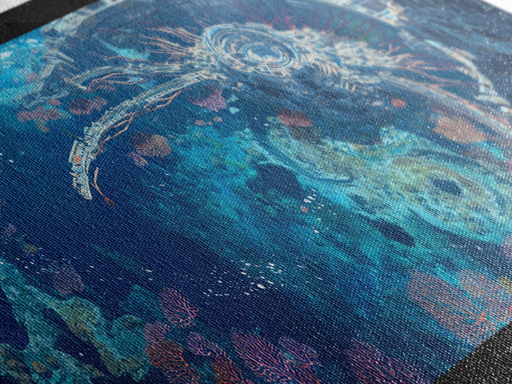 Futuristic Underwater Reef City Canvas Print, Blue Ocean Sci Fi Wall Art, Coral Seascape Poster, Unique Wall Decor Gift Idea