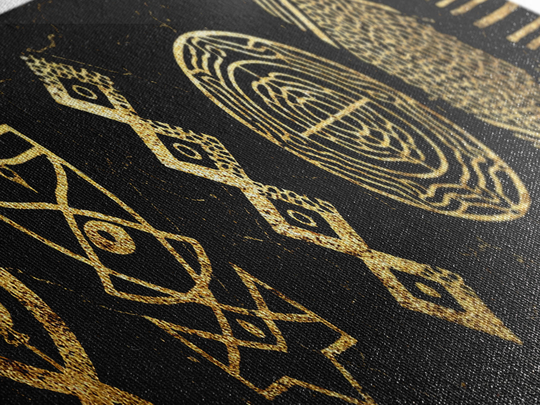 Gold Tribal Symbols Canvas Print, African Geometric Pattern Wall Decor, Abstract Black And Gold Art, Modern Ethnic Decor