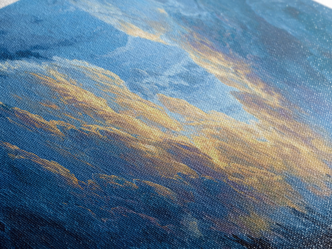 Glowing Sky Celebration Canvas Print, African Spiritual Wall Decor, Blue Gold Cloud Landscape, Afrocentric Home Decor Gift